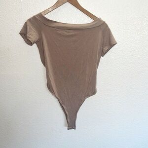 Lulu's Brown Nude Short Sleeve Tie Open Backless Snap Button Bodysuit NEW